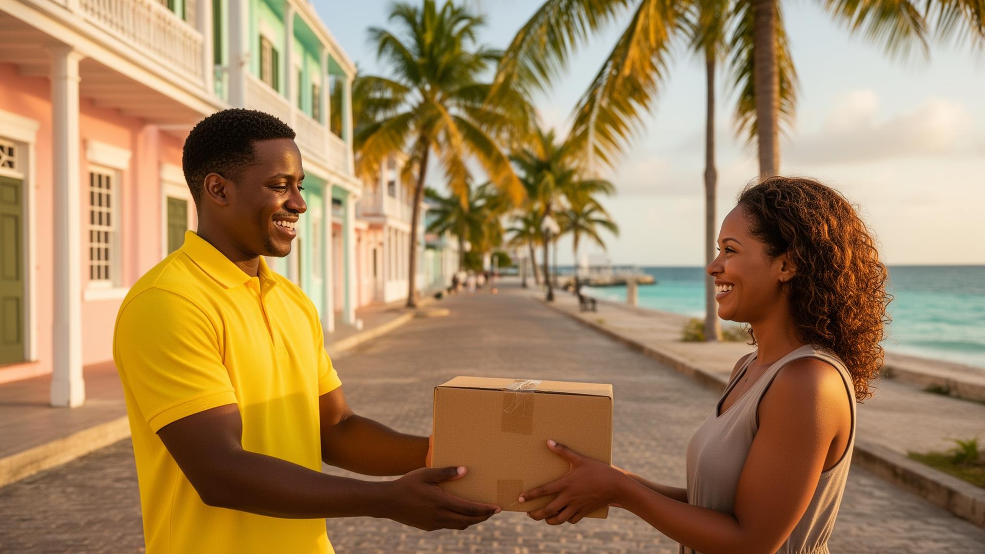 Smiling courier handing a package to a happy customer on a Bahamian island street